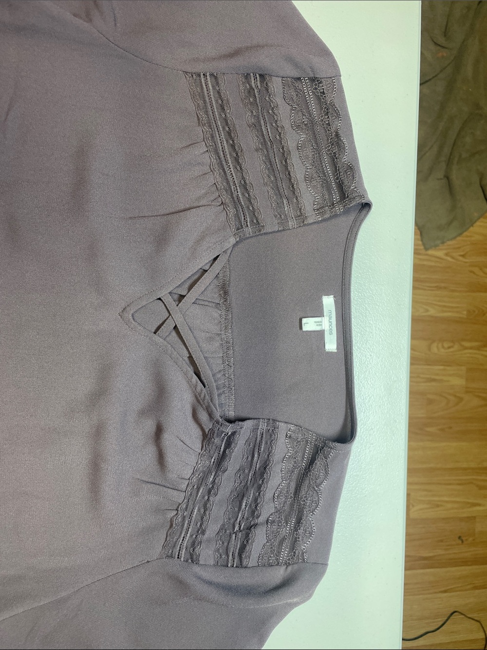 Maurices Mauve Lace Yoke V-Neck Blouse - Picture 2 of 5